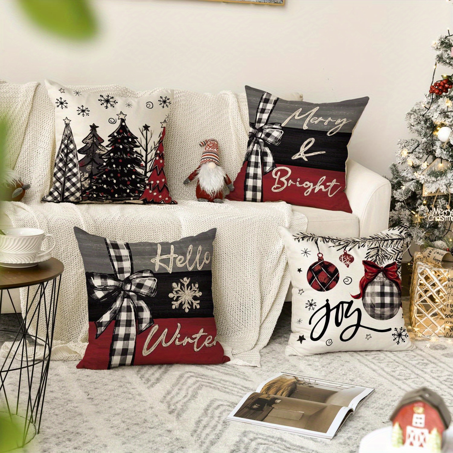 

4pcs, Christmas Joy Trees Throw Pillow Covers - Hello Winter, Christmas Winter Decoration For Sofa Couch Living Room Bedroom Home Decor, 17.7x17.7in, No Pillow Insert