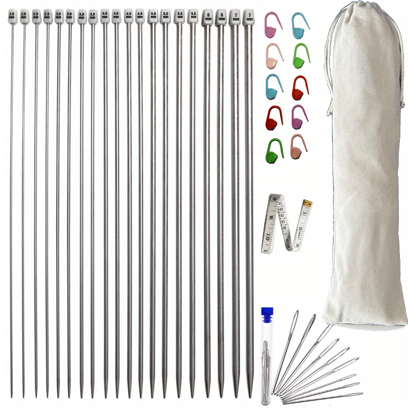 Image of 1set 20pcs 10pair-10 Stainless Steel Knitting Needle Set With Locking Makers, Large-eye Needles, And Measure Tape - Sizes 2mm (b) To 7mm (l) Straight Single Pointed Sweater Needles - 9.8 Inches Long