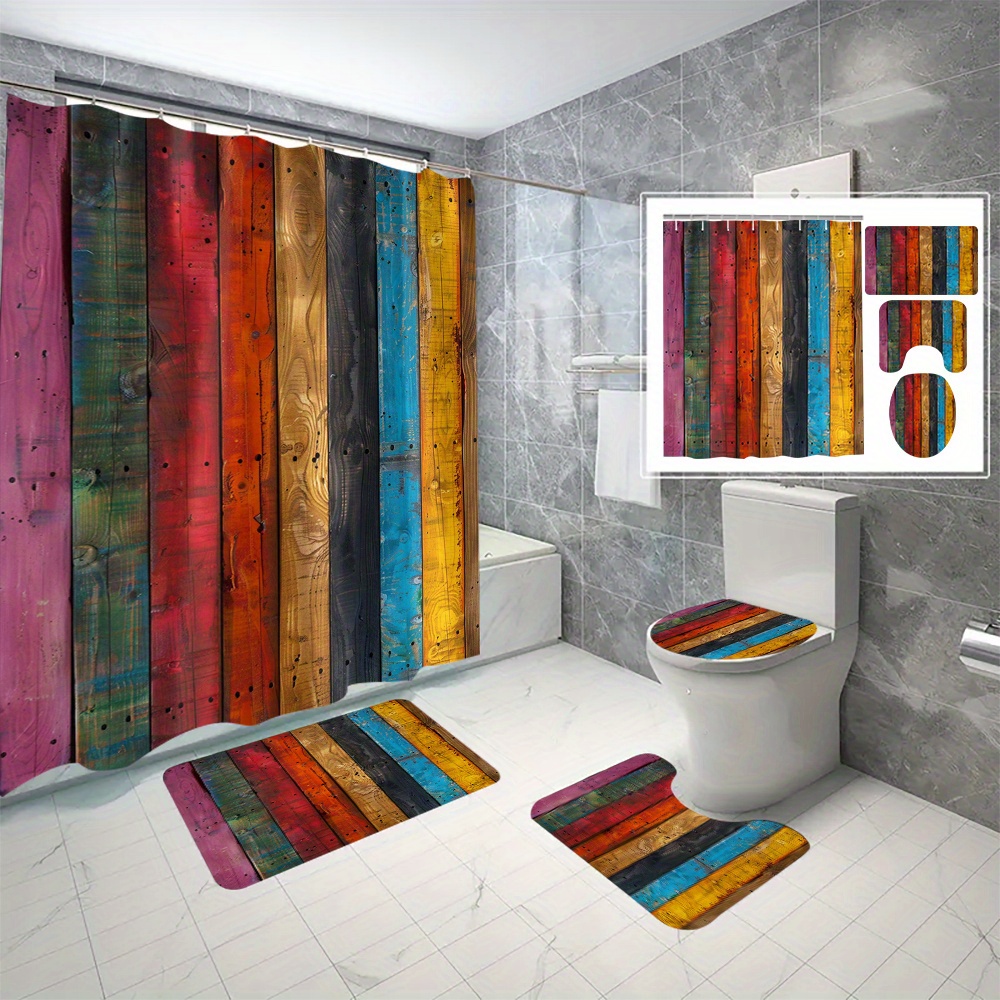 

Vintage Colored Wooden Plank Shower Curtain Set With Hooks - Waterproof, Artistic Design, Seasonal Use, Machine Washable