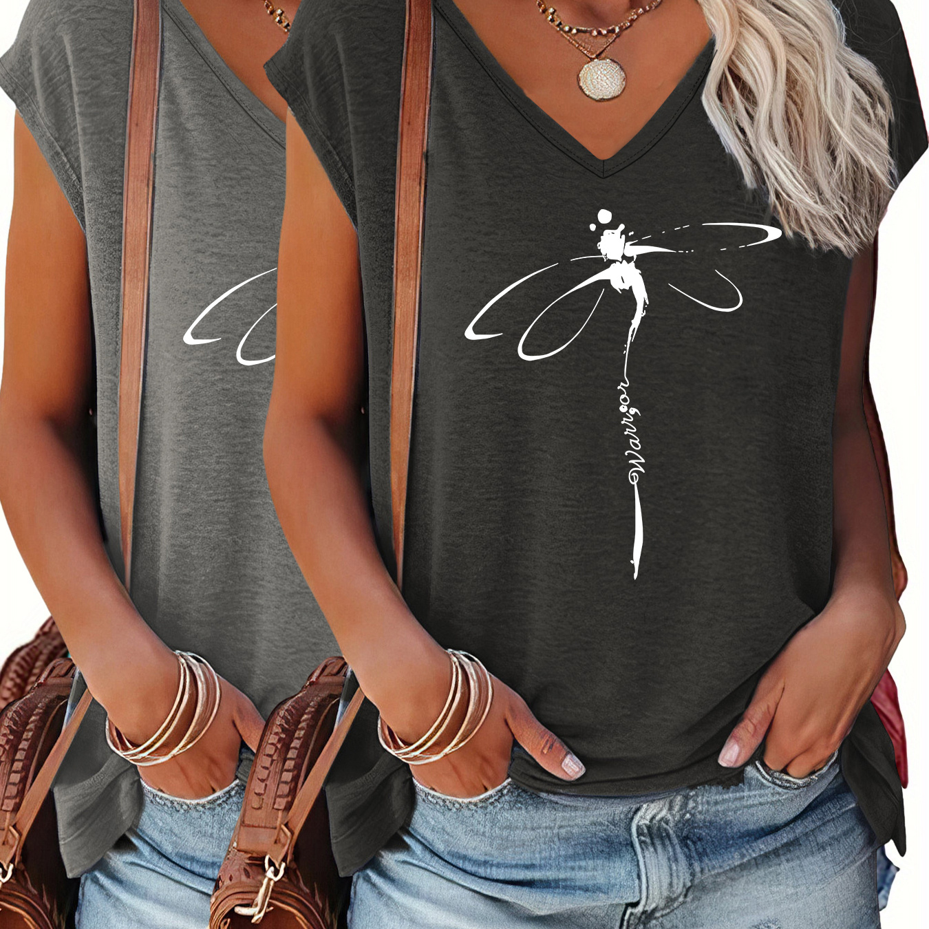 

Dragonfly Print Cap Sleeve Top 2-pack, Casual Top For Summer & Spring, Women's Clothing