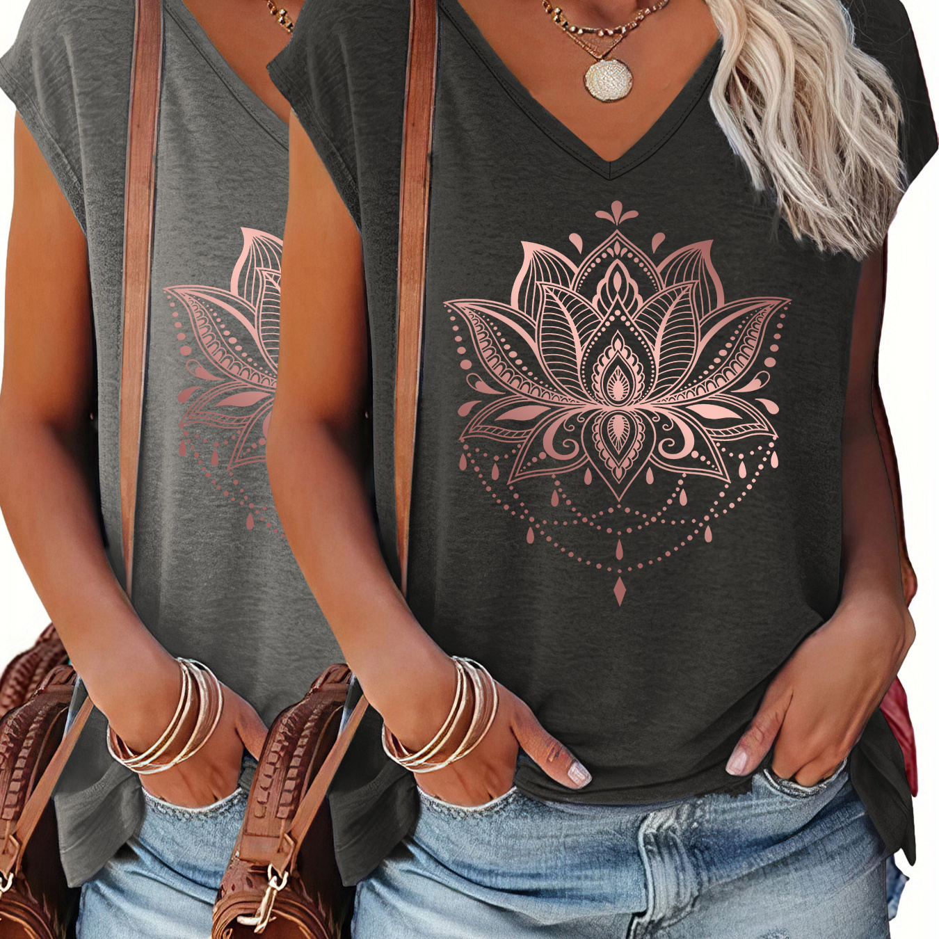 

Lotus Print Cap Sleeve Top 2-pack, Casual Top For Summer & Spring, Women's Clothing