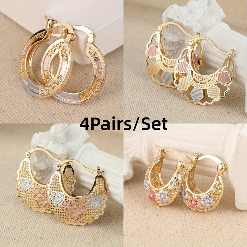 

4pairs/ Set Trendy Gold Plated Hollow Out Heart Flowers Hoop Earrings For Women Fashion Jewelry Accessories Wedding Party Aniversary Gift