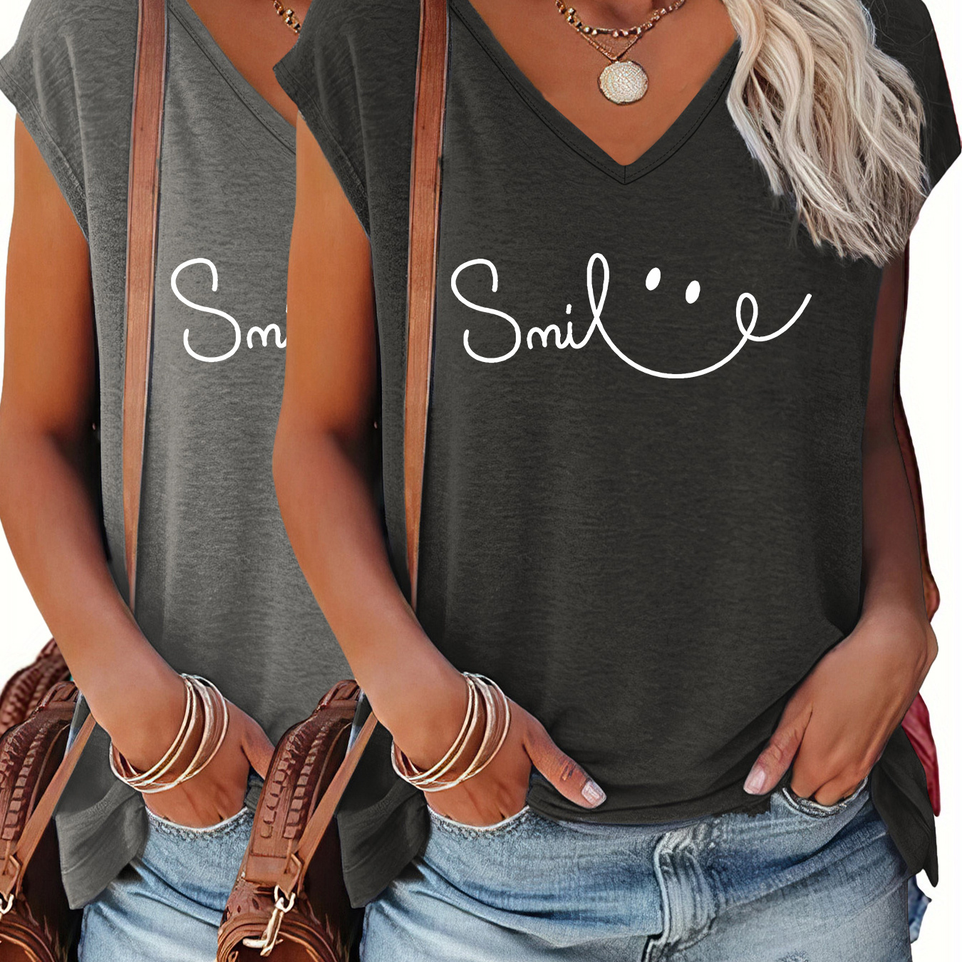 

Smile Print Cap Sleeve Top 2-pack, Casual Top For Summer & Spring, Women's Clothing