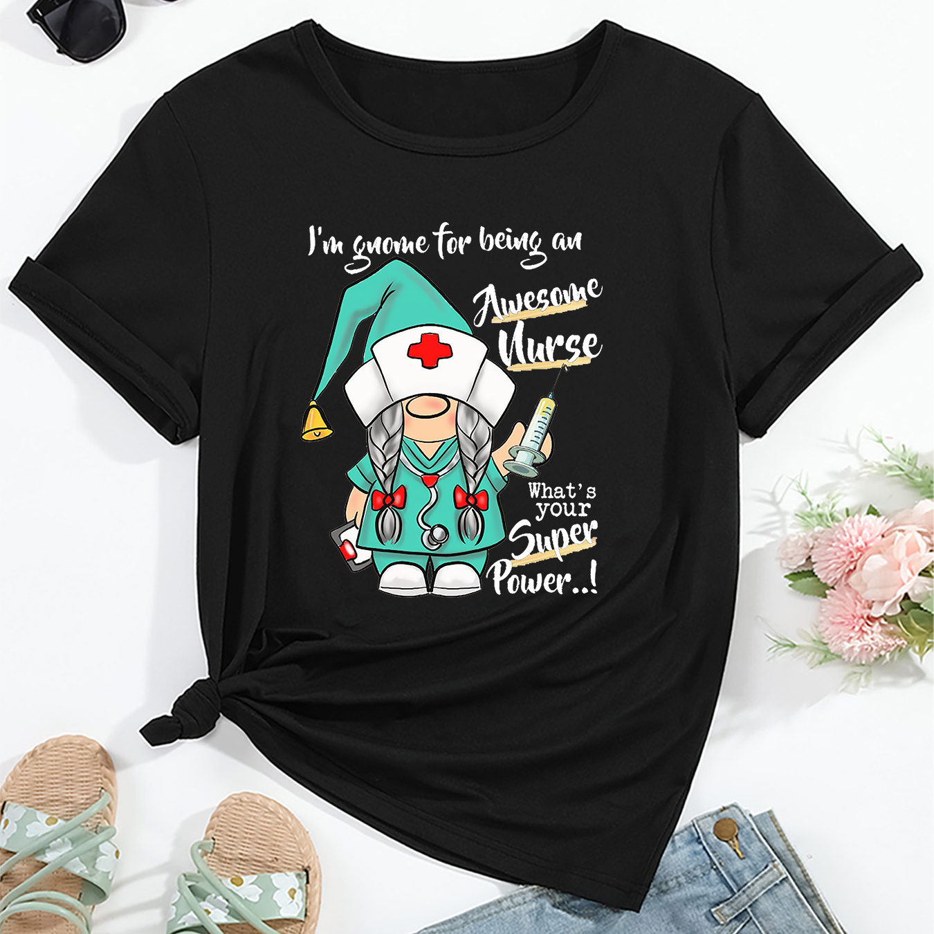 

Women's Nurse-themed Cartoon Print T-shirt - Casual Crew Neck, Short Sleeve Top With Stretchy Polyester , Machine Washable