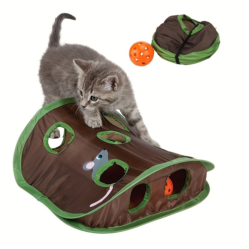 

1pc Foldable Cat Tunnel Toy With Sound Bell And Puzzle, Interactive Hide-and- Game For Cats, Stimulates Hunting , Polyester Pet ,