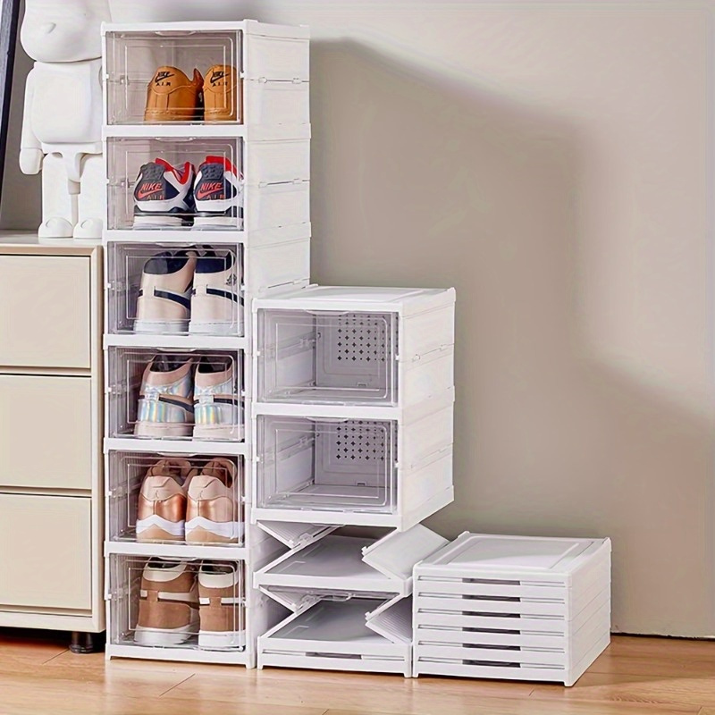 

[customer ] 6-tier Modern Foldable Shoe Rack - Stackable, Dustproof Plastic Storage Organizer With Lid For Bedroom & Living Room, Under-bed Storage