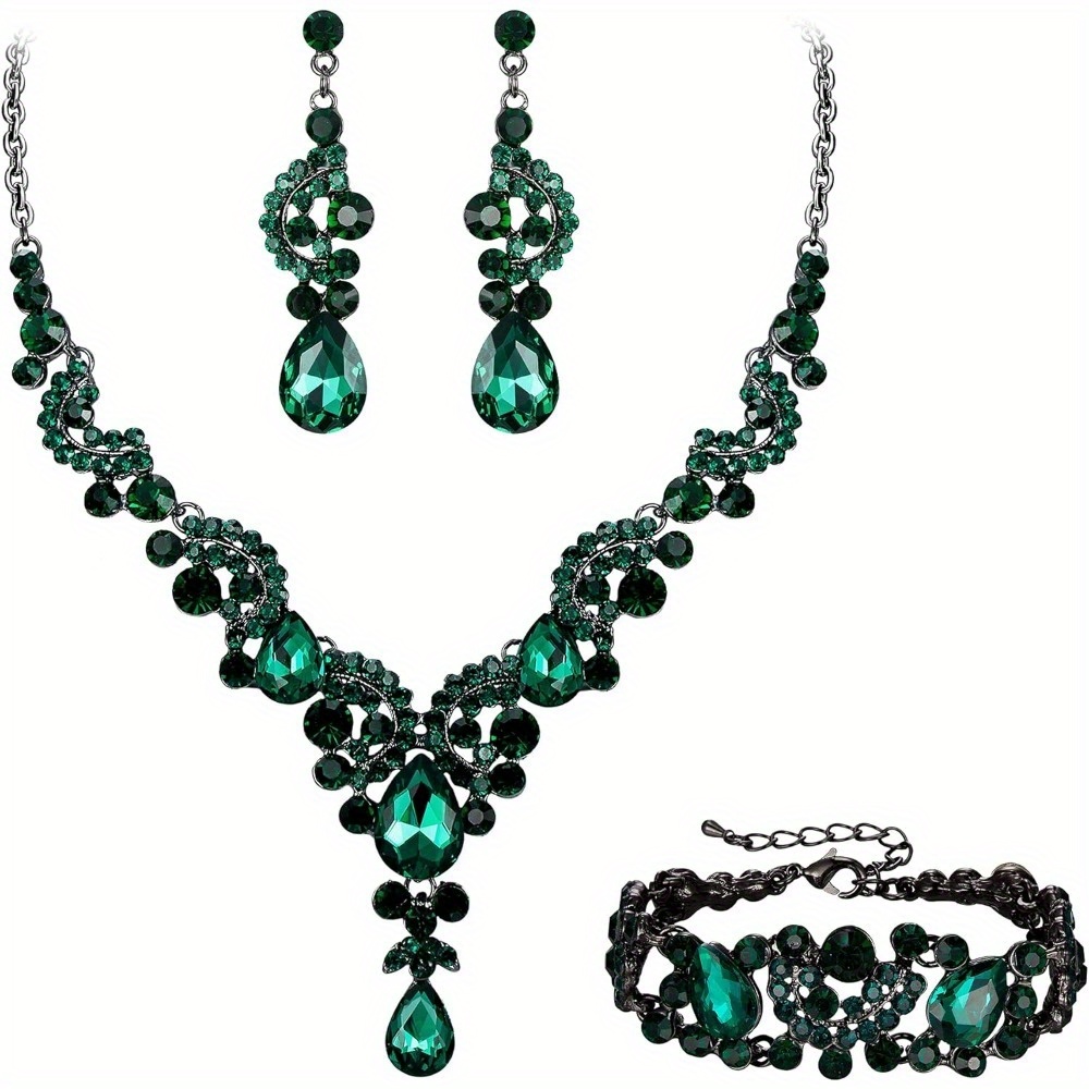 

Rhinestone Crystal Bridal Art Floral Wave Teardrop Necklace Earrings Bracelet Jewelry Set