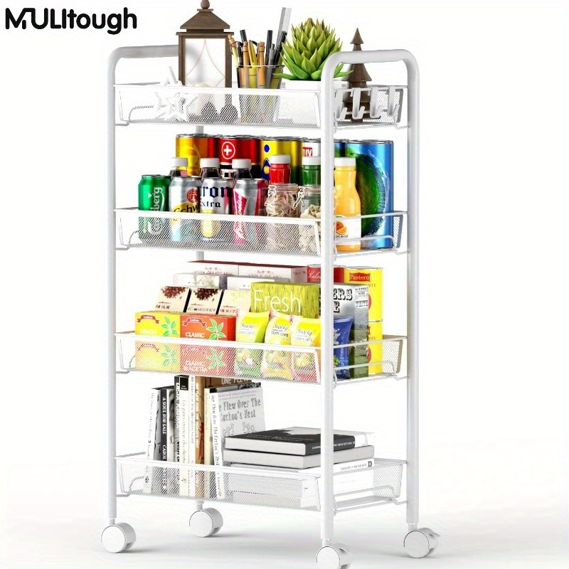 

Adjustable Rolling Kitchen Trolley With Hooks & 4 Levels Of Shelves, Easy Assembly, Black/ White