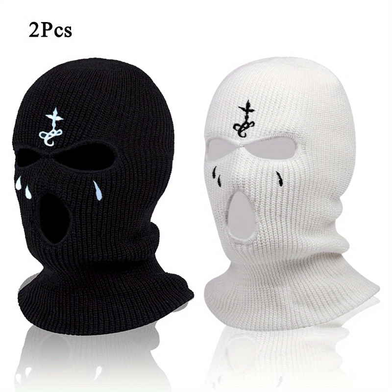 

2-pack Embroidered 3-hole Balaclava Face Mask - Woven Acrylic Knit Ski Mask, Winter Sports Headwear With Funky Patterns, Warm Stretchy Fabric For Outdoor Activities, Gift-ready