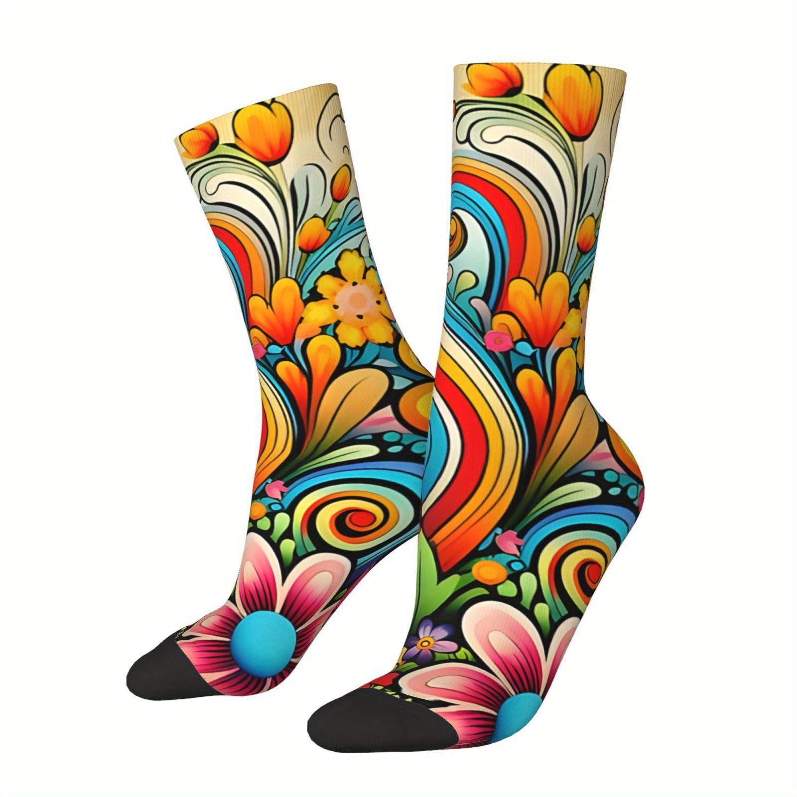 

Funny Hippy Floral Cartoon Colorful Swirls 60s Psychedelic Vibes Sock For Men - Hip Hop Harajuku Happy Seamless Pattern Printed Boys Crew Sock - Casual Gift