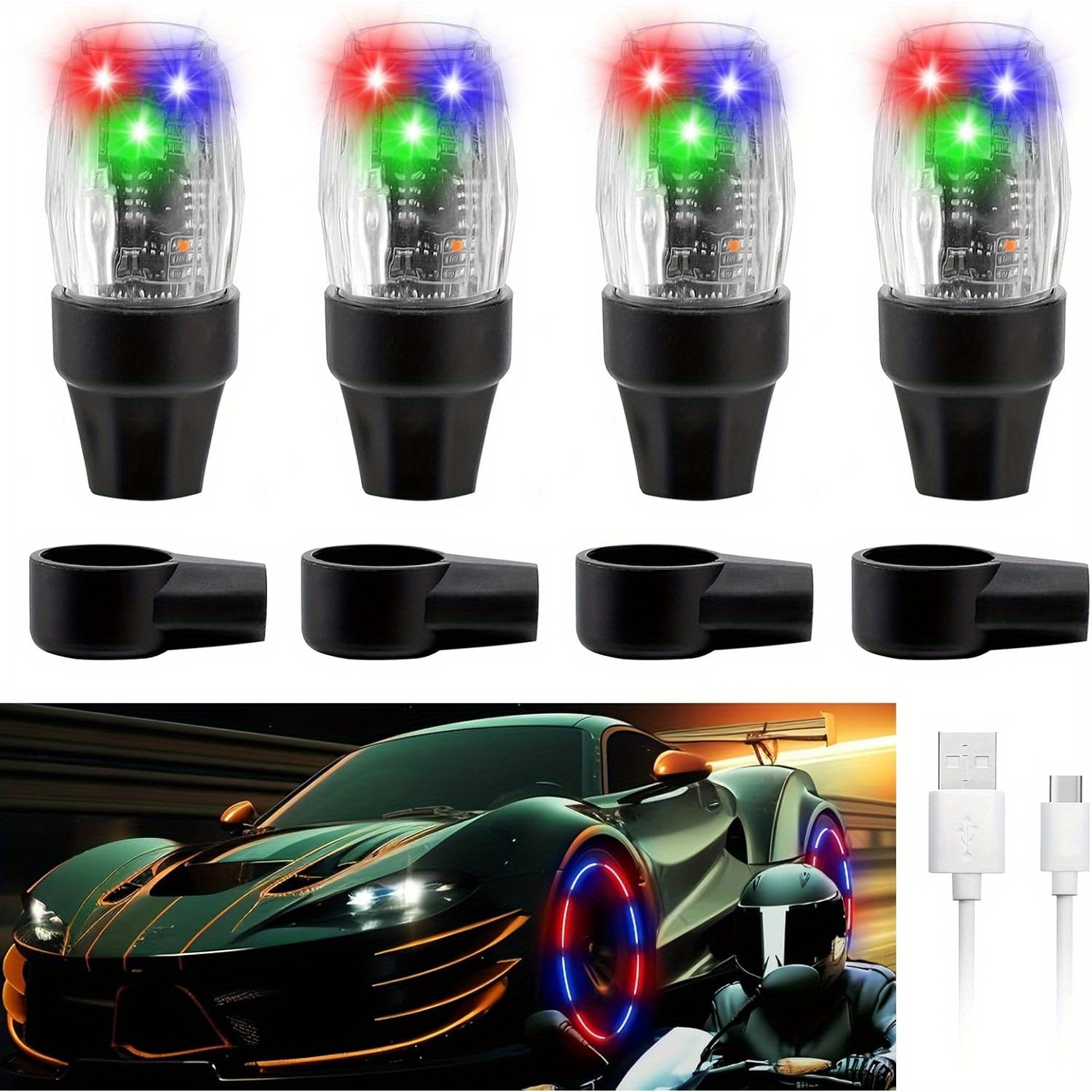 

2/ 4pcs Universal Tire Valve Caps, Bicycle Motorcycle Tyre Spoke Flash Lights, Car Motorcycle Wheel Lights, Charging Night Light, Valve Lights, Motorcycle Colorful Breathing, Explosive Tire Lights