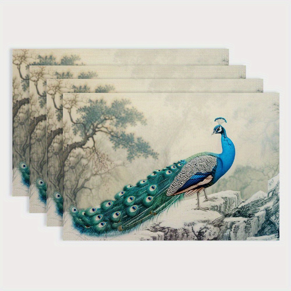 

Peacock-themed Linen Placemats (4pcs) - Durable, Foldable Table Mats For Holiday Parties & Dining Decor Placement Mats For Dining Table Cloth Placemats For Dining Table