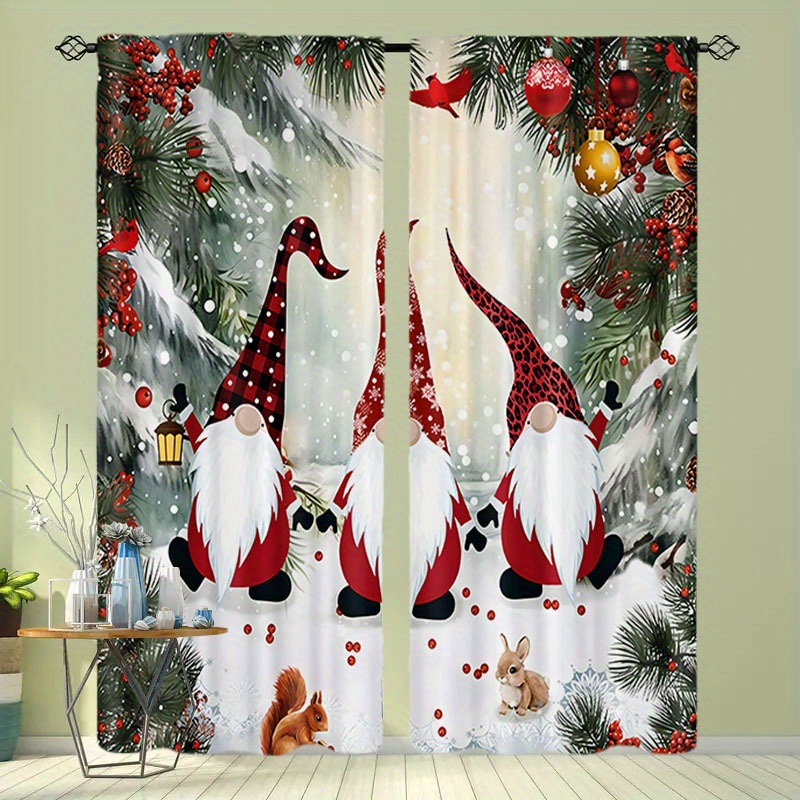 

Festive Christmas Gnome Print Curtains: Blackout, 2 Pieces, 180-200g Taffeta, Rod-pocket, Suitable For Living Room, Office, And Home Decoration