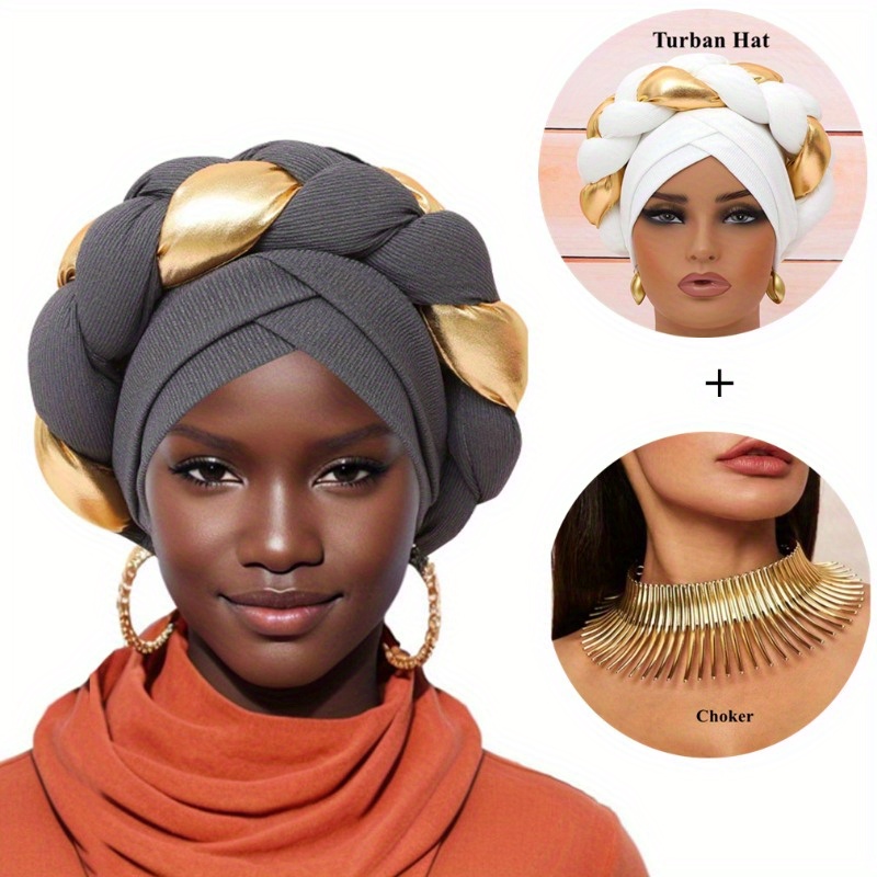 

Women's Hat & Collar Set, 1pc Colorblock Twisted Patchwork Golden Braid Fashion Elegant Hat + 1pc Exaggerated Fashion Metallic Choker, Suitable For Gift Giving, Party And Daily Wear