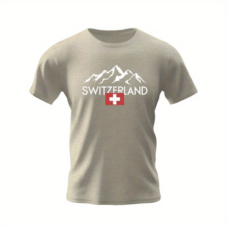 

Switzerland-inspired Men's T-shirt - Casual Short Sleeve, Polyester, Geometric Mountain Print, Round Neck - Summer