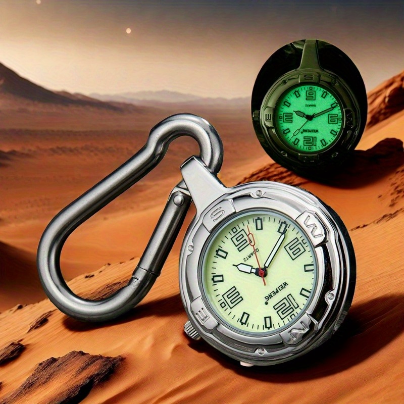 TEMU Silvery Clip On Carabiner Pocket Watch | Luminous Dial Quartz | Suitable For Outdoor Sport For Men&women
