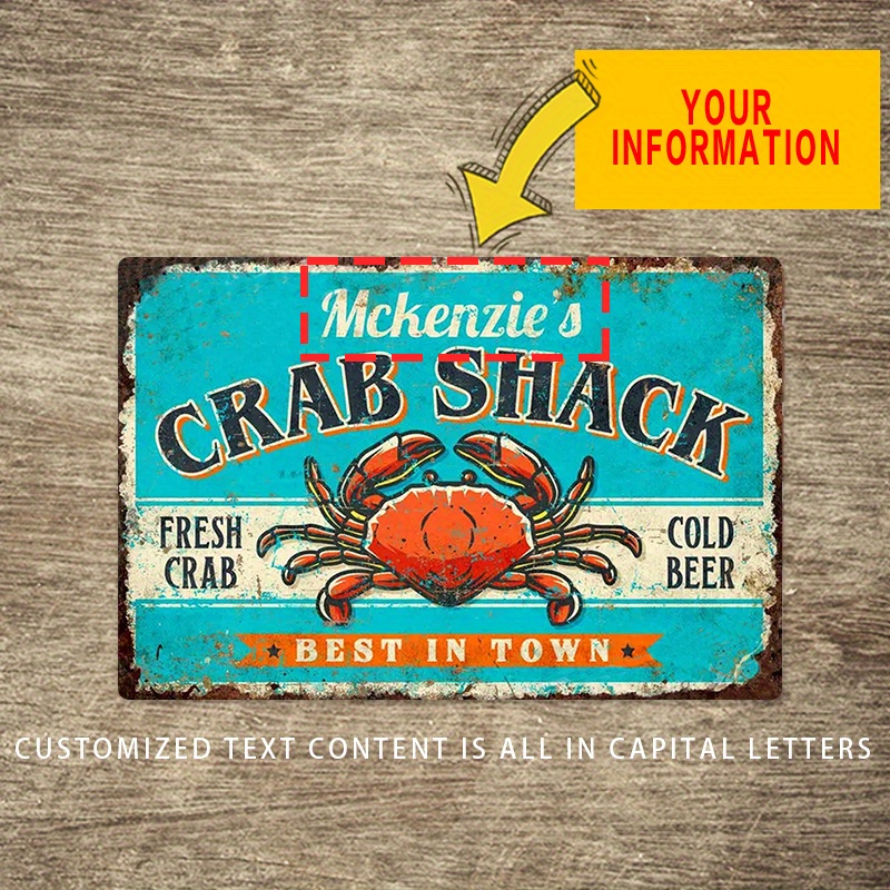 

Personalized Crab Shack Sign: Aluminum Kitchen Decor, 8x12 Inch, Outdoor Personalized Gifts, No Electricity Required