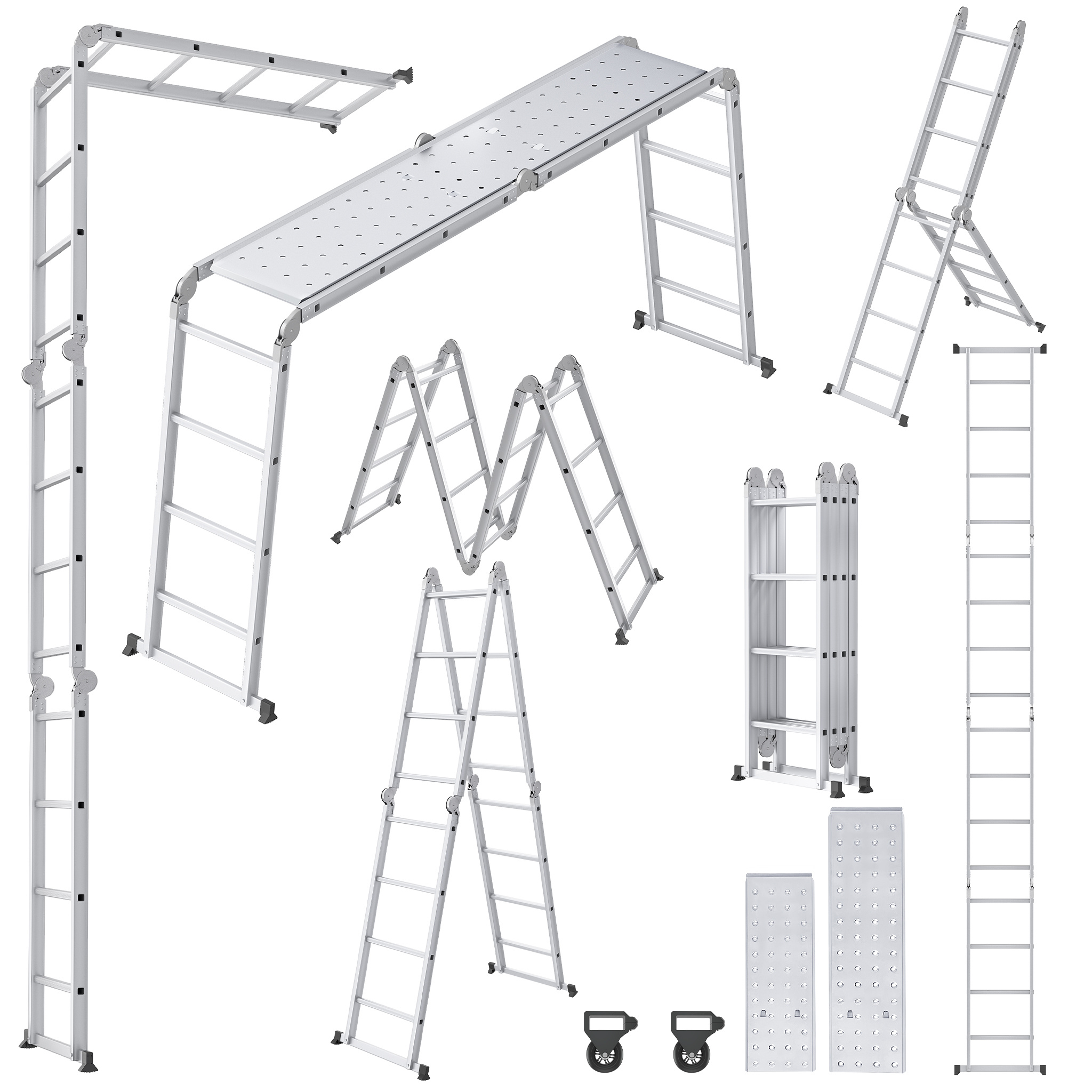 zdjęcie przedmiotu 6 w 1 drabina wielofunkcyjna aluminiowa z platformą 3. 4/4. 7/5. 5m wielofunkcyjna drabina składana drabina robocza drabina domowa do 150 kg, 4x3/4x4/4x5 stopni z 2 płytami rusztowania