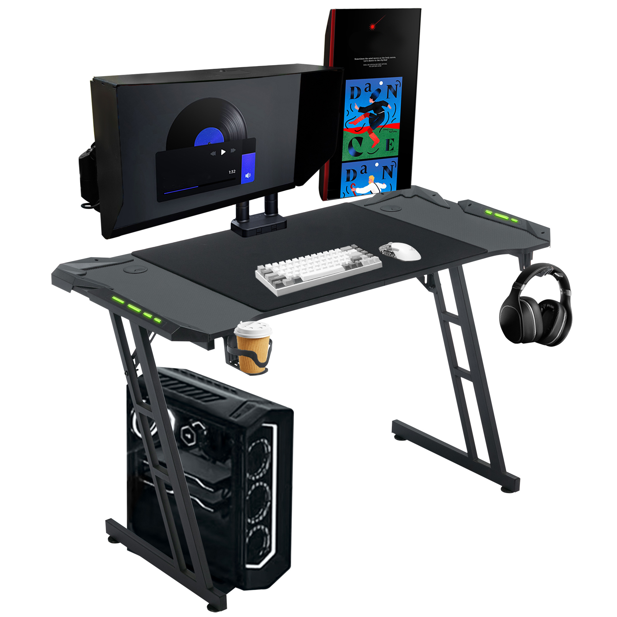 TEMU Mesa Gaming Mesa Gaming Escritorio Negro de Fibra de Carbono Mesa de Ordenador Gamer Mesa de PC Ergonómica con Agujero para Cables