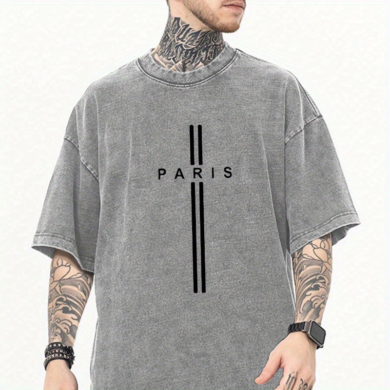 

Paris Lines Print Vintage Acid Washed Cotton T-shirt For Men, Suitable For Summer