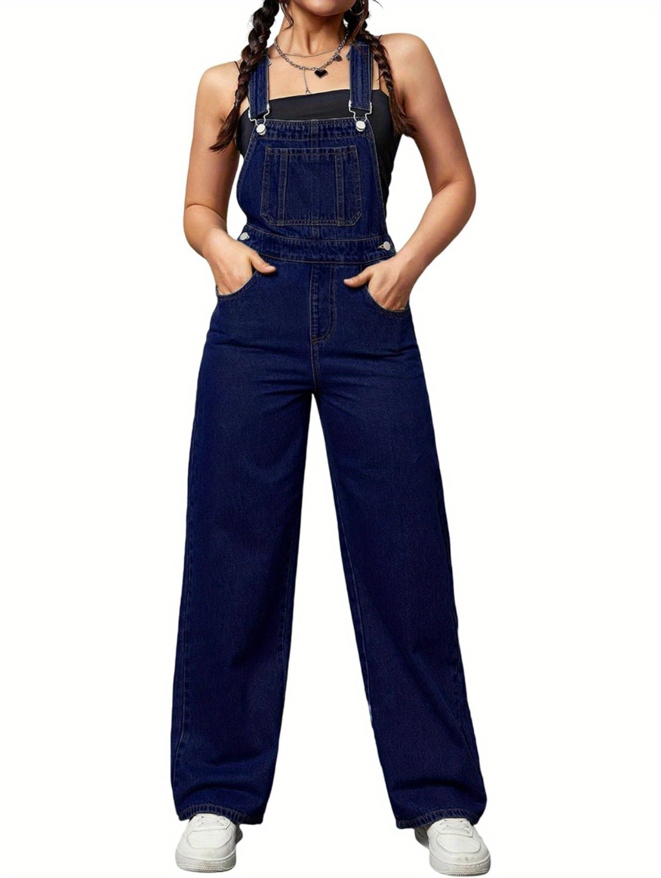 Plain Dark Washed Blue Casual Style Slash Pocket Overalls Dungarees,  Women's Denim Jeans & Clothing