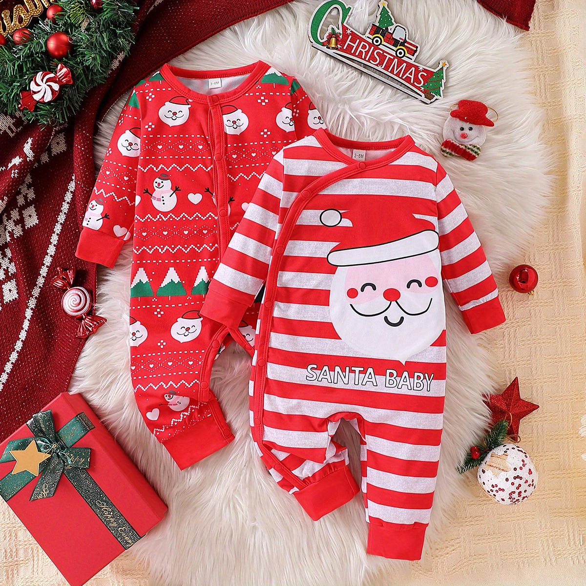 

2pcs, Santa & Snowman Pattern Striped For Boy's Fall