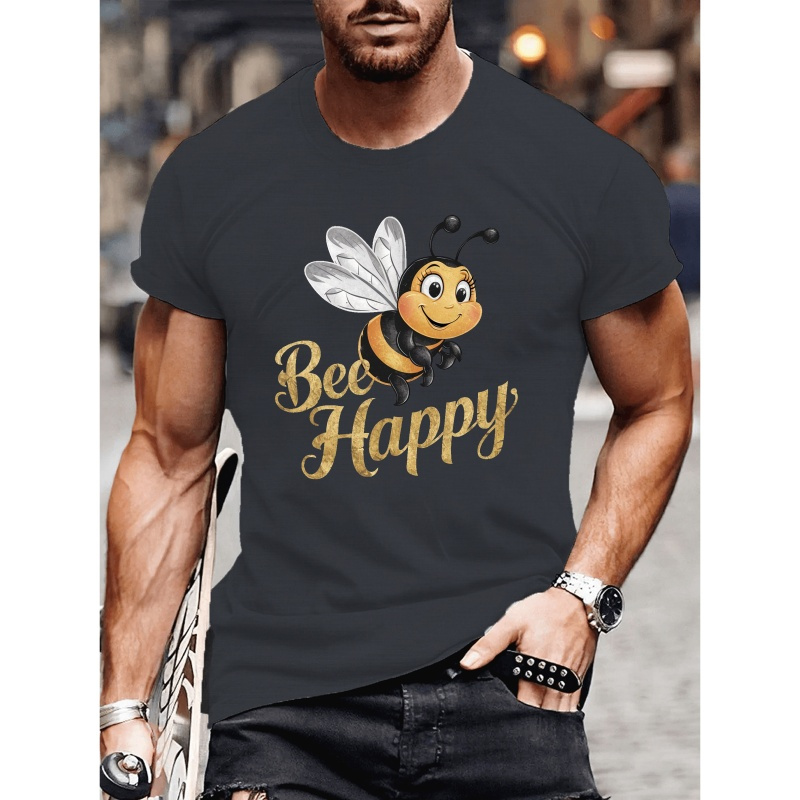 

Positivity Bee Happy Print Men's Crew Neck T-shirt, Short Sleeve Comfy Versatile Tee Tops, Summer Casual Clothing