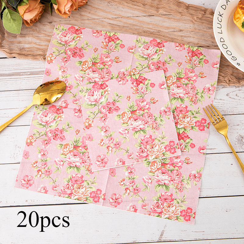 TEMU 20pcs Vintage Floral Print Paper Napkins For Party Decorations, Disposable Square Napkins For Diy Crafts And Table Settings
