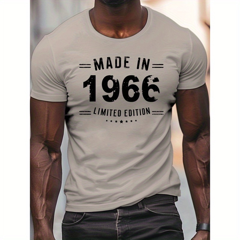 

Made In 1966 Print Men's Round Neck Tee Shirt With Comfy Short Sleeves, Breathable Regular For & Outdoor Activities, Best Summer