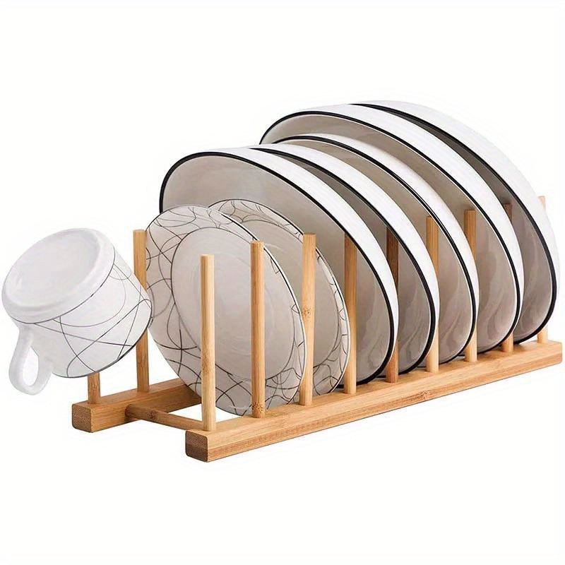 

Wooden Dish Rack Stand - 8-slot Kitchen Plate Holder, Diy Cabinet Organizer For Dishes, Cups, And Pots - Bamboo Storage Shelf