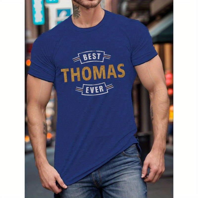 

Men's "best Thomas Ever" Graphic T-shirt - Casual Polyester Crew Neck With Slight Stretch Knit Fabric, Regular Fit Geometric Pattern Tee For Summer