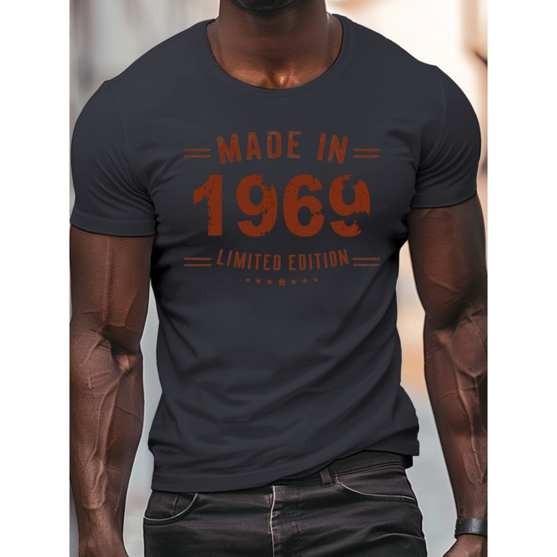 

T-Shirt Homme Col Rond Imprimé 1969 - Haut Décontracté Confortable Léger à Manches Courtes pour l'Été, Polyester, Motif Géométrique