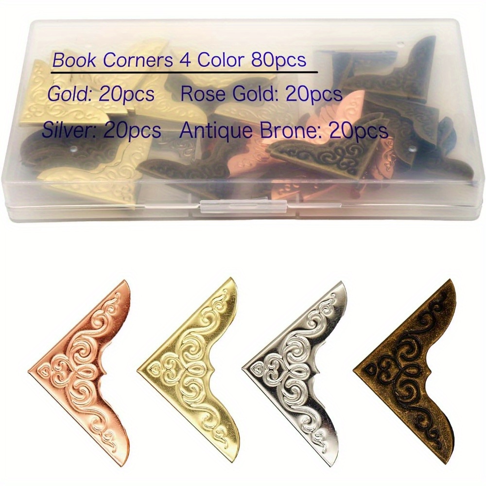 

80-piece Metal Book Corner Protectors Set - Decorative Iron Edge Guards For Scrapbook, Photo Album, Diary, Menus & Folders - Variety Pack With Golden, Silver, Rose Golden & Antique Bronze Finish