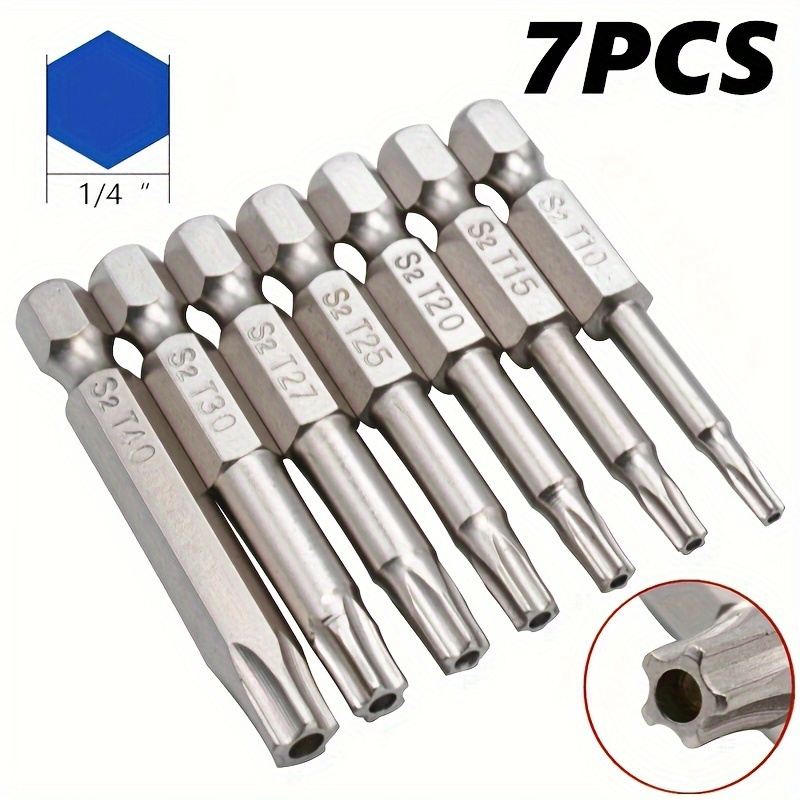 

7pcs Chrome Vanadium Steel Torx Screwdriver Set - Tamper Resistant Star Bits With 1/4" Hex Shank, S2 Steel, Nickel Plated, Durable Construction