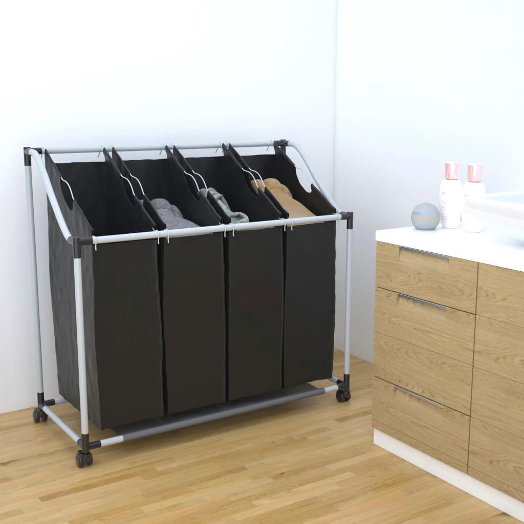 

4 Compartment Steel Frame Laundry Sorter With Rust- Resistant Organizer And Sliding Wheels - Black Laundry Hamper Trolley