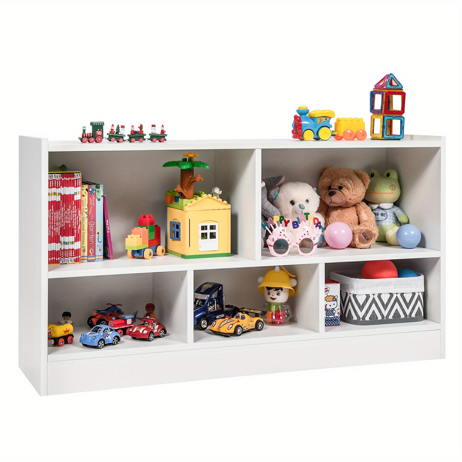 TEMU Gymax Étagère à Livres pour Enfants 2 Niveaux, de Rangement en Bois à 5 Cubes, Organisateur de Jouets Blanc pour Noël et Halloween