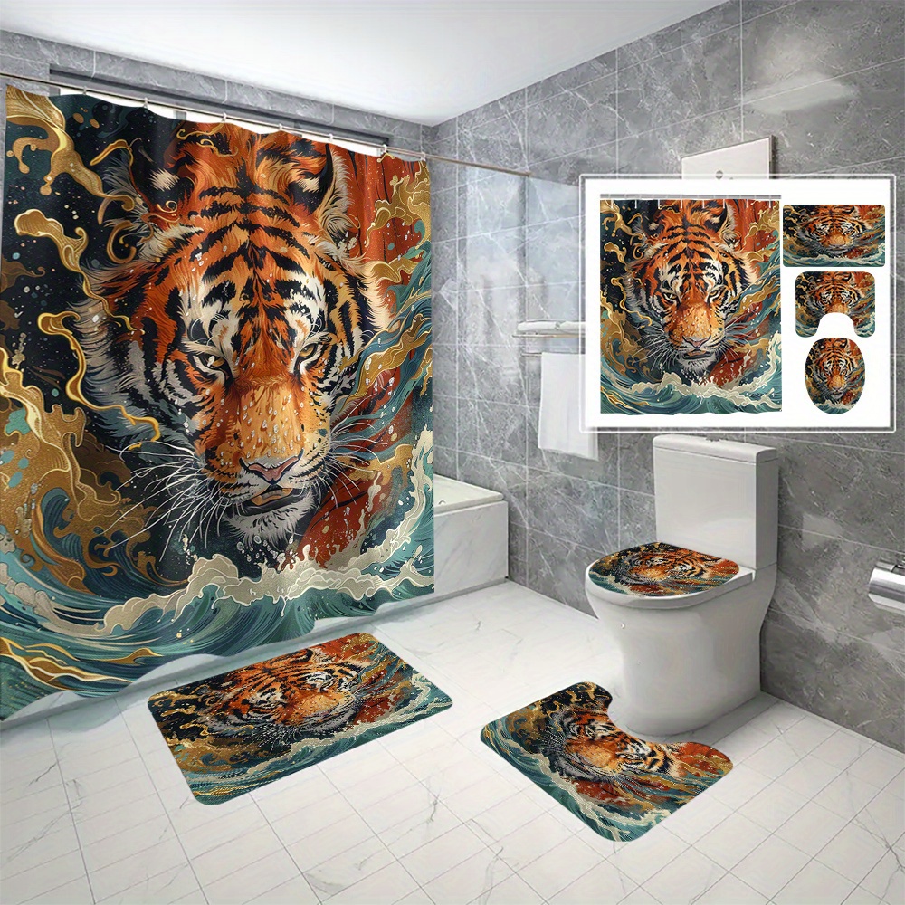 

1pc/3pcs/4pcs National Tiger Digital Printing Polyester Waterproof Shower Curtain No Punching Bathroom