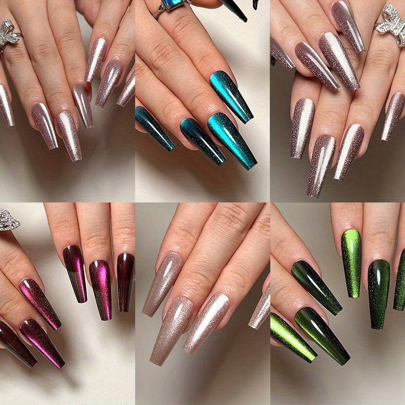 

144 Pcs Galaxy Cat Eye Effect Magenta Color Changing Glossy And Sparkly Coffin Long Press On Nails With Nail Kit And Glue