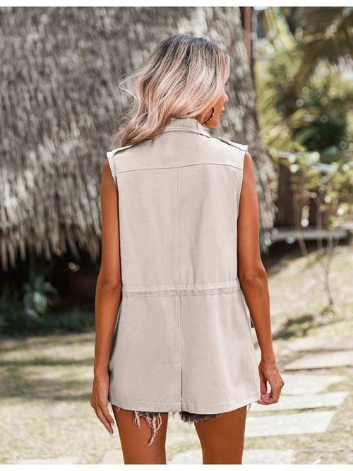 solid zipper drawstring cargo vest casual sleeveless pockets for for womens clothing
