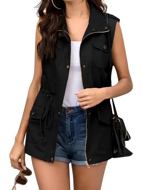 solid zipper drawstring cargo vest casual sleeveless pockets for for womens clothing