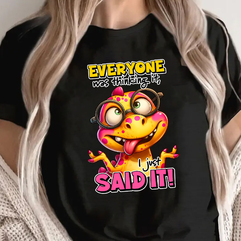 

Women's Anime Dinosaur Graphic T-shirt, 100 Neck Short Sleeve Tee, Casual Knit Fabric Top For Spring/summer, Soft Breathable Casual Attire