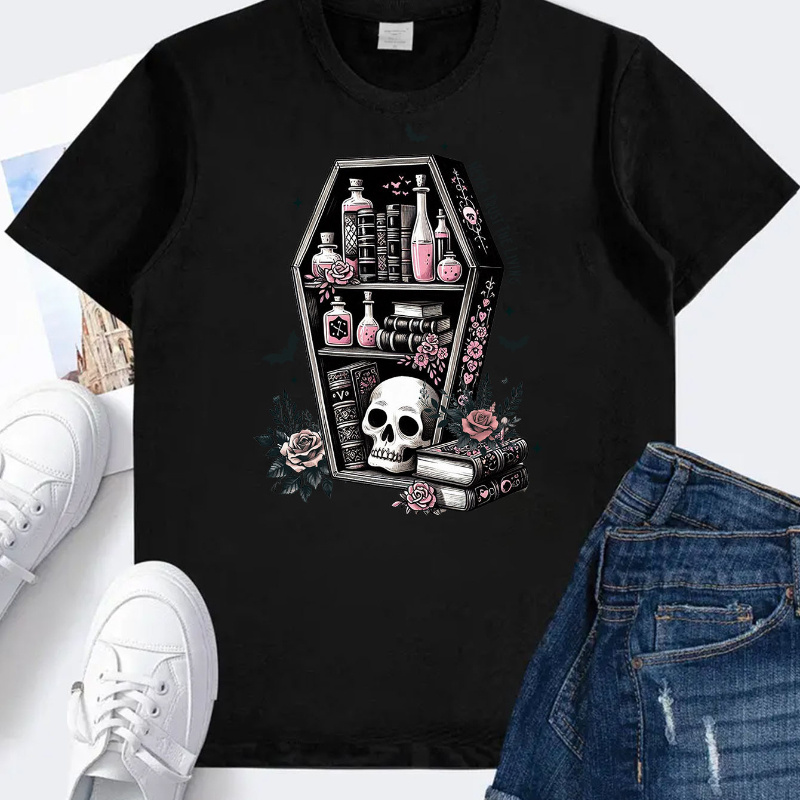 

Short Sleeve Crew Neck T-shirt - Soft, Breathable, Comfortable Casual Top For Summer And Spring - Womens Stylish Clothing For Everyday Wear, Skull Rose