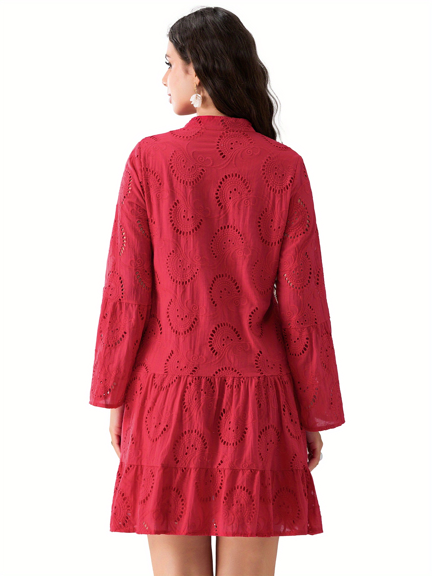 womens embroidery lace shirt dress eyelet hollow long sleeve - Temu