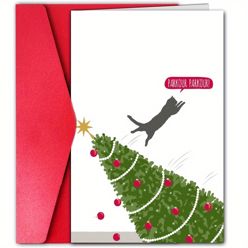 

1pc Meowy Christmas Greeting Card - Cartoon Cat Parkour Funny Christmas Card For Family, Friends, Anyone - Heavyweight Paper, Multi-recipient Holiday Card With Envelope