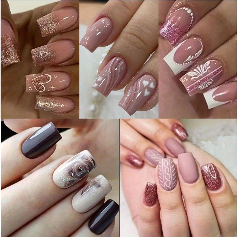 TEMU 5pcs (120pcs) Marble Print Press On Nails Heart Flower Pattern With French Tips And Adhesive Tabs - Cute And Easy Nail Set For Women