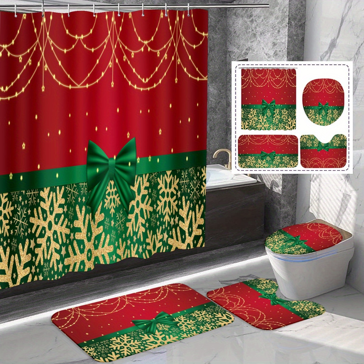 

1/4pcs Winter Christmas Red And Curtain Set, Golden Snowflake Bathtub Decoration, Bath Mat Rug, Shaped Toilet Seat Cover, Waterproof Bath Curtain, 71x71 Inches, Bathroom Home Decoration