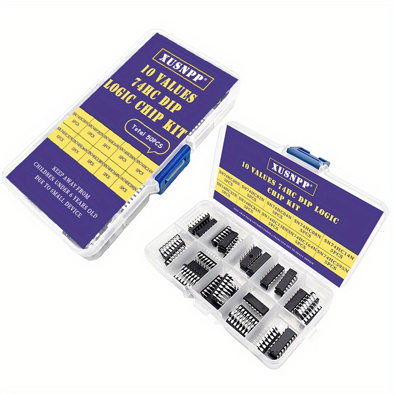Image of 10-value Electronic Component Kit: Integrated Circuits (dip Ics) - 74hc00, 74hc02, 74hc04, 74hc08, 74hc14, 74hc32, 74hc86, 74hc138, 74hc164, 74hc595 - Total Of 50pcs In A Parts Box