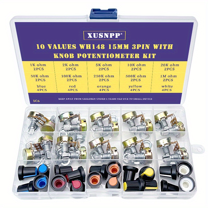 

40pcs Electronic Component Kit - Adjustable Set With Knob, 15 Values (1k, 2k, 5k, 10k, 20k, 50k, , , 500k, 1m Ohm), Material, For Industrial Electrical Projects / Diy Enthusiasts, Complete Parts Box