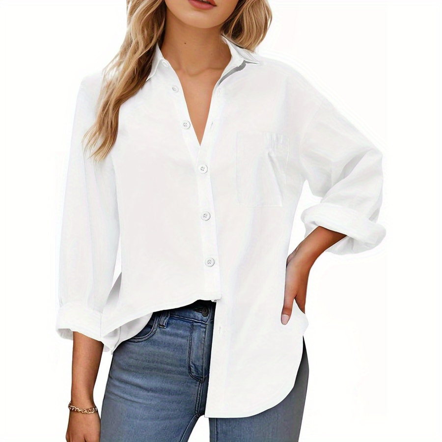 

Solid Color Women's Button-up Shirt, Long Sleeve Loose Cotton Shirt, Suitable For Travel, Daily Wear, Sexy Casual Top With Pocket