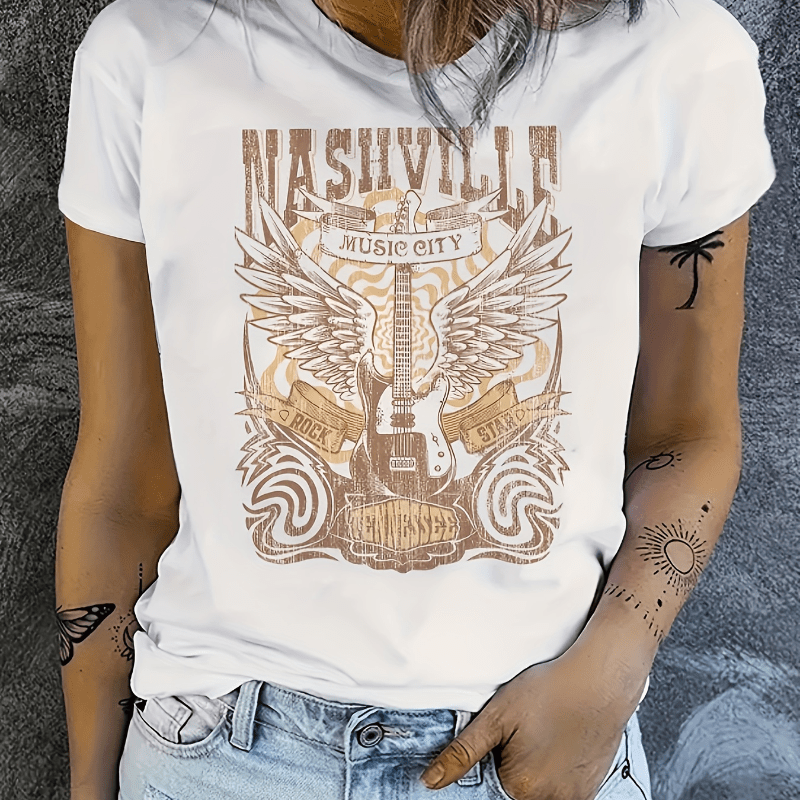 

Nashville Print Crew Neck T-shirt, Casual Short Sleeve Top For Spring & Summer, Women's Clothing